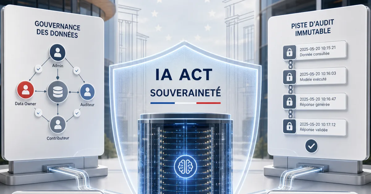 Panneaux illustrant la gouvernance des données, la piste d'audit immuable et un bouclier IA Act protégeant un serveur d'entreprise