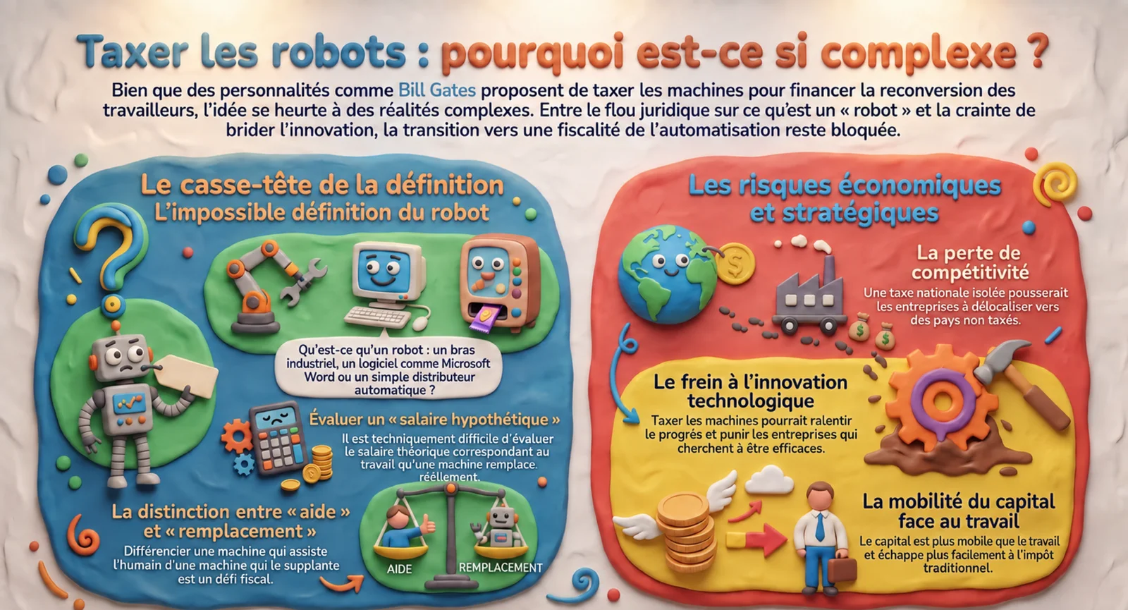 Infographie en deux volets sur la complexité de la taxe : à gauche le casse-tête de la définition du robot et du salaire hypothétique, à droite les risques économiques, fuite de compétitivité, frein à l'innovation et mobilité du capital