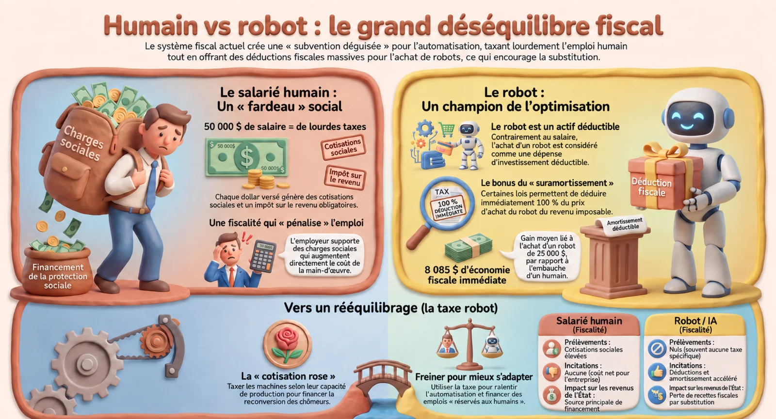 Infographie comparant la fiscalité du salarié humain, soumis à des cotisations sociales élevées, et celle du robot, déductible et amortissable, avec un tableau des prélèvements, des incitations et de l'impact sur les recettes de l'État