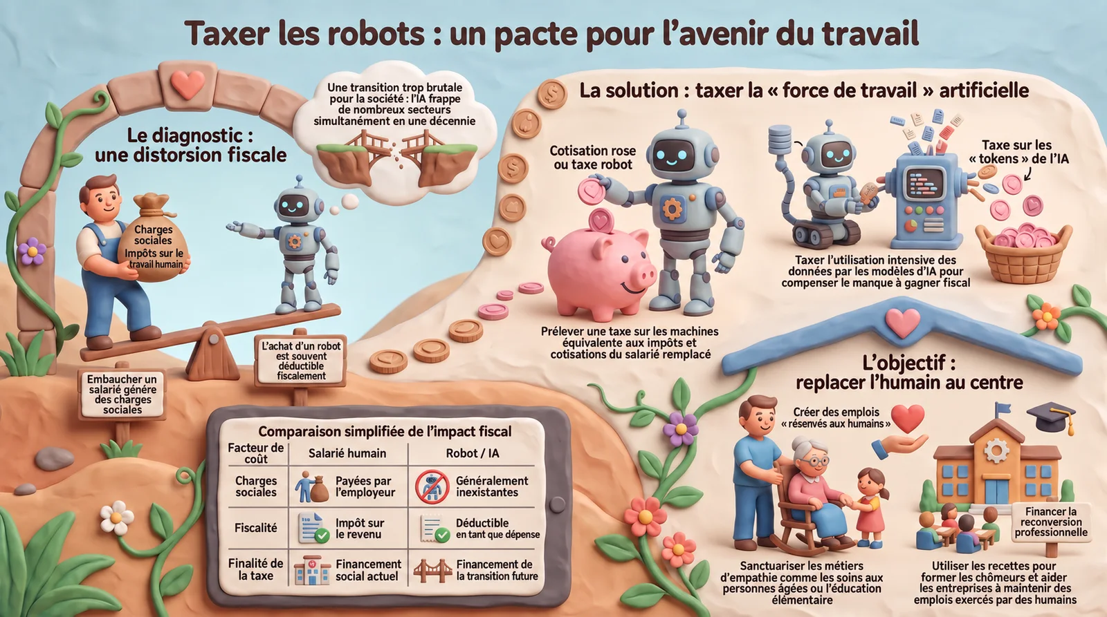 Infographie en trois volets : le diagnostic d'une distorsion fiscale entre salarié et robot, la solution d'une cotisation ROSE complétée par une taxe sur les tokens d'IA, et l'objectif de replacer l'humain au centre en finançant la reconversion et les métiers du soin