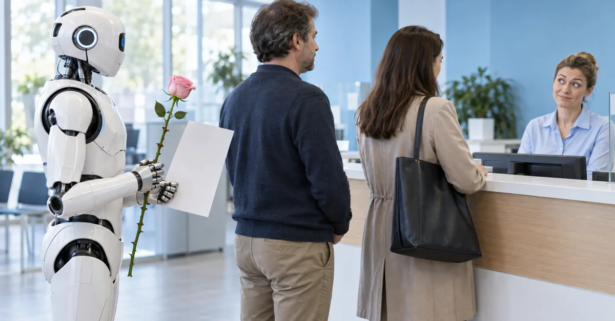 Un robot humanoïde tenant une rose et un formulaire fait la queue dans un bureau des impôts, illustration de la taxe sur les robots et les IA