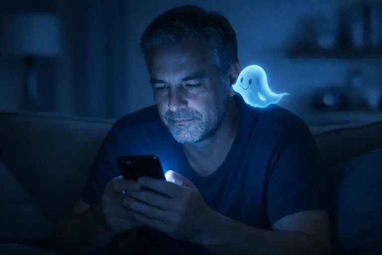 Homme seul sur un canapé la nuit, éclairé par la lumière bleue de son smartphone, illustrant la psychose IA chatbot