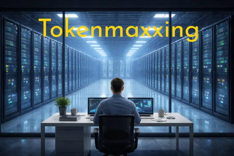 Tokenmaxxing productivité IA - compteur de consommation de tokens en surchauffe dans un bureau corporate