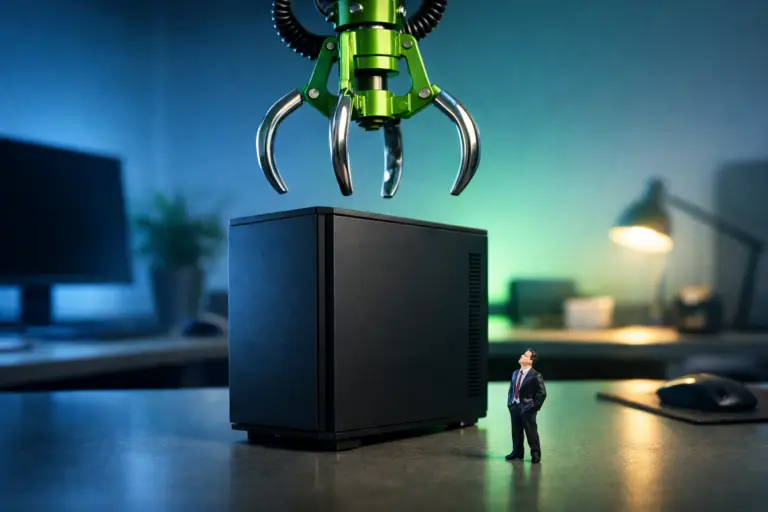 Boîtier informatique sur un bureau avec une pince de machine à griffes qui descend dessus, illustrant le piège NVIDIA Open Cloud